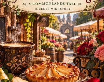 May include: A pear tart on a plate next to a steaming dark mug, a halved pear, and red roses. The text reads Emberlore Incense, Market Morning, A Commonlands Tale, Incense Mini Story, Harvest Tart, Beholder's Cup, and Cobblestone Rose.