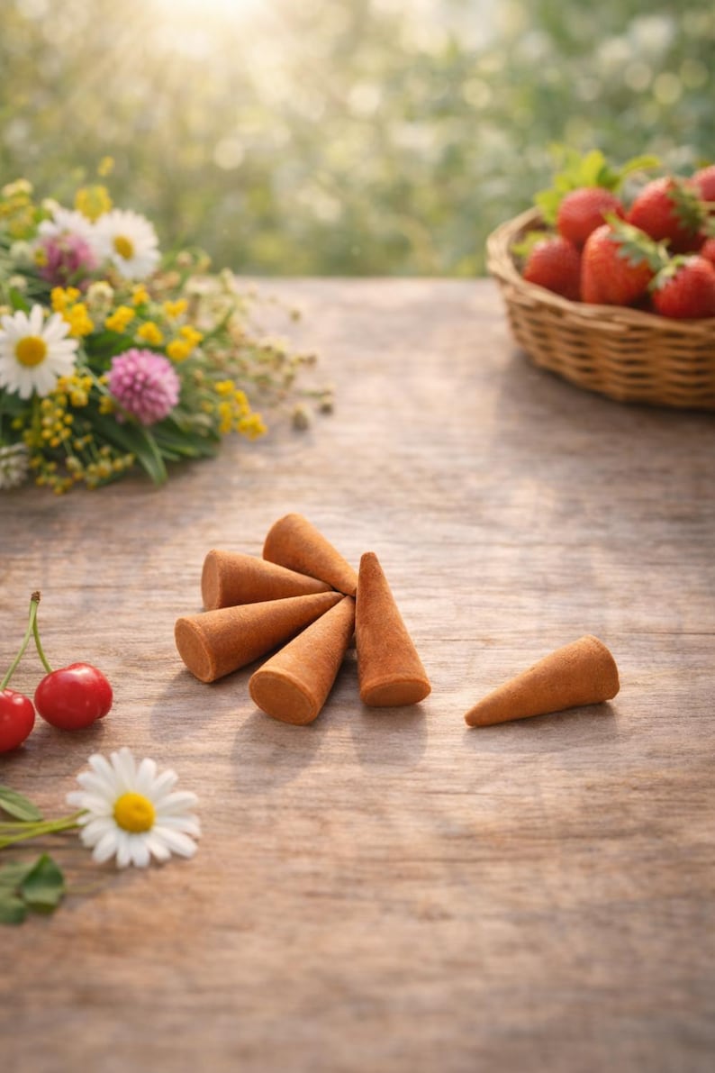 May include: Six brown incense cones are arranged on a wooden table, with a wicker basket of strawberries and wildflowers in the background. Two cherries and a daisy are in the foreground. The cones are for burning.