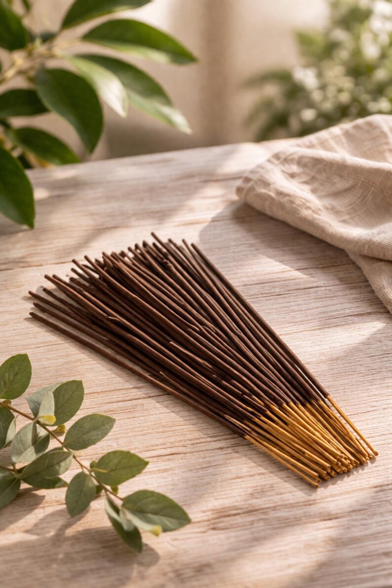 May include: A bundle of brown incense sticks with gold-colored tips, arranged on a light wooden surface. Green leaves and a beige cloth are in the background. The incense sticks are a natural product.