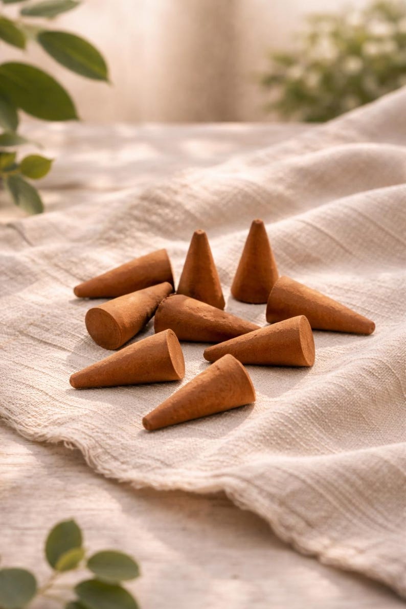 Op de afbeelding: Een verzameling bruine wierookkegels gerangschikt op een beige, getextureerde stof. De kegels zijn cilindrisch met een conische top. De achtergrond is zacht vervaagd, wat een natuurlijke omgeving suggereert. De kegels worden waarschijnlijk gebruikt voor aromatherapie of spirituele praktijken.