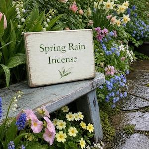 May include: A weathered wooden sign with the words "Spring Rain Incense" in green lettering, resting on a blue bench. The sign is surrounded by a lush garden of pink, yellow, and blue flowers, with a stone path in the background.