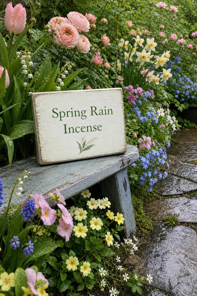 May include: A weathered wooden sign with the words "Spring Rain Incense" in green lettering, resting on a blue bench. The sign is surrounded by a lush garden of pink, yellow, and blue flowers, with a stone path in the background.