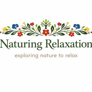 May include: Logo for "Naturing Relaxation" featuring a floral design with red, blue, and yellow flowers, and a small tree. The text below reads "exploring nature to relax" in a serif font.