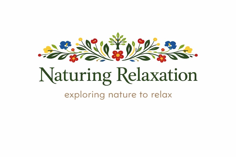 May include: Logo for "Naturing Relaxation" featuring a floral design with red, blue, and yellow flowers, and a small tree. The text below reads "exploring nature to relax" in a serif font.