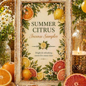 Op de afbeelding: Een ingelijst bord met de tekst "SUMMER CITRUS Incense Sampler", omringd door illustraties van citrusvruchten en bloemen. Het bord staat op een houten oppervlak met gesneden sinaasappels, citroenen en grapefruits. Een brandende kaars en een vaas met bloemen staan op de achtergrond.