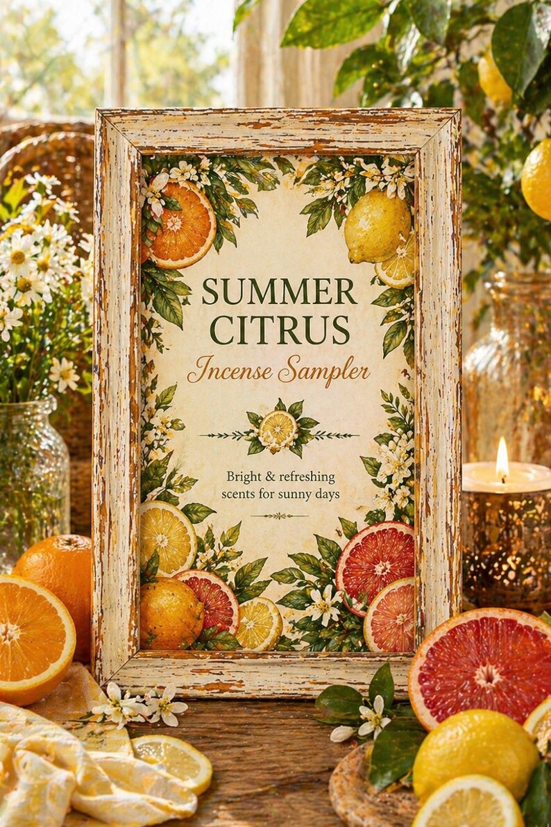 Op de afbeelding: Een ingelijst bord met de tekst "SUMMER CITRUS Incense Sampler", omringd door illustraties van citrusvruchten en bloemen. Het bord staat op een houten oppervlak met gesneden sinaasappels, citroenen en grapefruits. Een brandende kaars en een vaas met bloemen staan op de achtergrond.