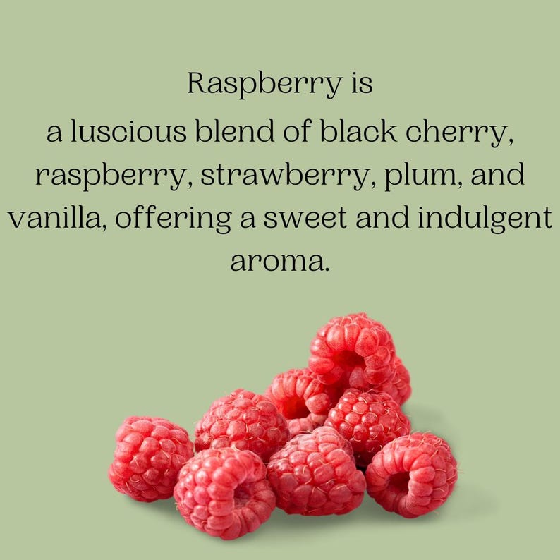 May include: A cluster of fresh, ripe raspberries with a textured surface, displayed against a soft green background. The image includes text describing the raspberry aroma as a blend of fruits and vanilla.