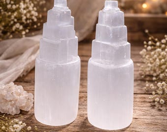 Selenite Cathedral Tower – Carved White Stone Decor for Shelf or Nightstand