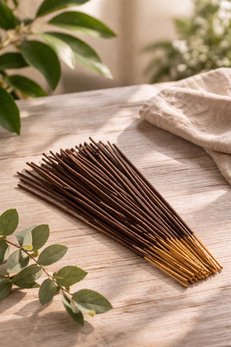 Op de afbeelding: Een bundel bruine wierookstokjes met goudkleurige uiteinden, gerangschikt op een licht houten oppervlak. Groene bladeren en een beige doek zijn op de achtergrond. De wierookstokjes zijn een natuurlijk product.