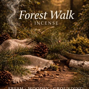 May include: An image of incense with the text "Forest Walk INCENSE". The image features pine cones, greenery, and a linen cloth on a wooden surface. The text "FRESH • WOODSY • GROUNDING" is also visible.