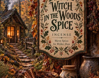 Może przedstawiać: Wiszący drewniany szyld z napisem Emberlore Incense, Scents for a More Enchanted World, Witch in the Woods Spice oraz Warm Spices for Wilder Days. Pod szyldem znajduje się drewniana miska z cynamonem, ceramiczny słoik i dynia.