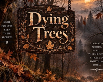 Może przedstawiać: Prostokątny drewniany szyld wiszący na gałęzi drzewa, zawierający tekst "EMBERLORE INCENSE SCENTS THAT TELL STORIES" oraz "Dying Trees" z ilustracjami liści. Scena przedstawia czarnego ptaka, jesienne liście i las o zachodzie słońca.