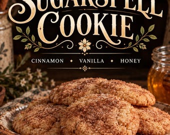 May include: A plate of round, golden-brown biscuits dusted with cinnamon sugar. The text above reads EMBERLORE INCENSE SUGARSPELL COOKIE CINNAMON VANILLA HONEY. The biscuits are arranged on a textured plate with cinnamon sticks and a jar of honey nearby.