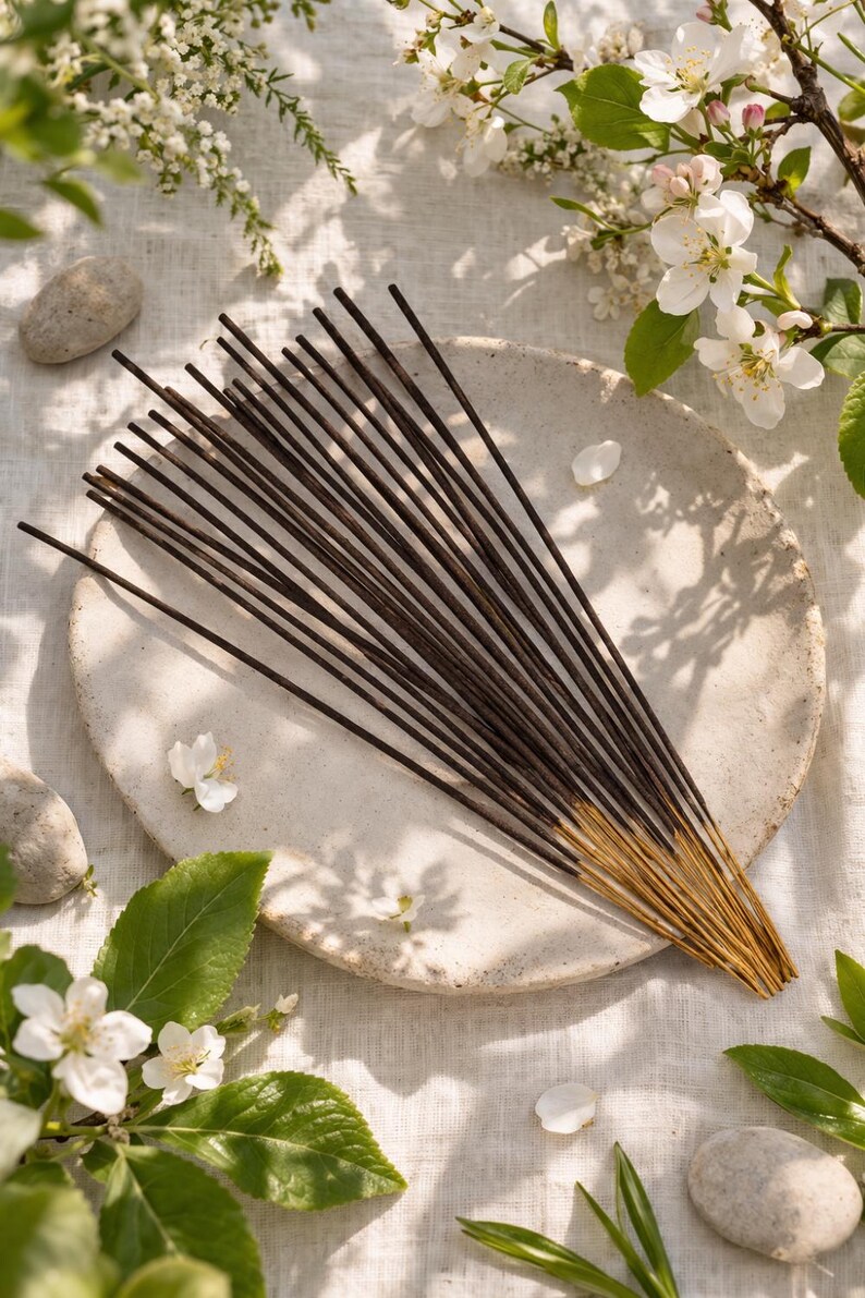 May include: A collection of dark brown incense sticks with gold tips, arranged on a light beige ceramic plate. The scene is decorated with white blossoms, green leaves, and small stones, creating a natural, serene aesthetic.