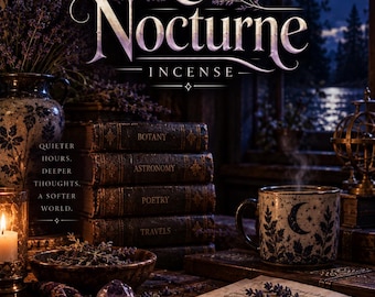 Może przedstawiać: Prezentacja produktu Emberlore Incense Nocturne ze stosem książek o tytułach Botany, Astronomy, Poetry i Travels. Ceramiczny kubek z półksiężycem, pióro wieczne na otwartym dzienniku, kompas i gałązki lawendy ułożone na biurku.