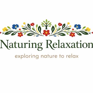 May include: Logo for "Naturing Relaxation" with a floral design of red, blue, and yellow flowers, green leaves, and a small tree. The text reads "Naturing Relaxation" above "exploring nature to relax" in a serif font.