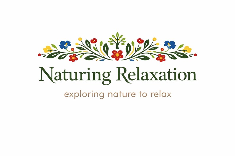 May include: Logo for "Naturing Relaxation" with a floral design of red, blue, and yellow flowers, green leaves, and a small tree. The text reads "Naturing Relaxation" above "exploring nature to relax" in a serif font.