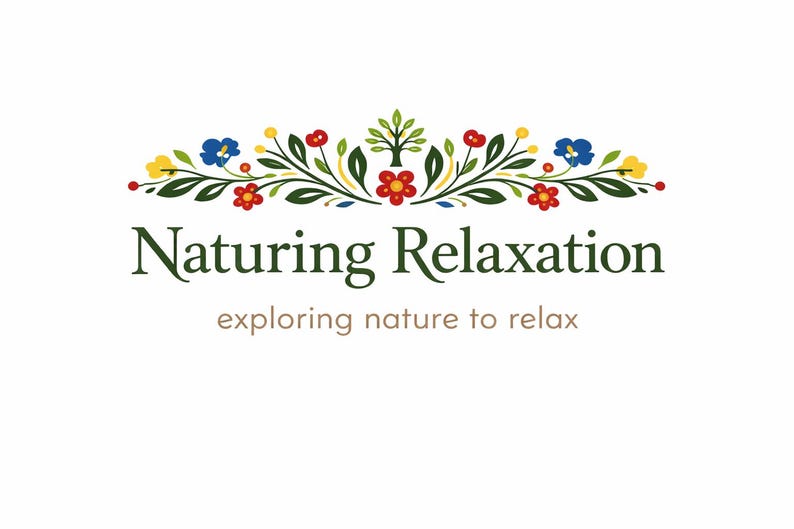 May include: Logo for "Naturing Relaxation" featuring a floral design with red, blue, and yellow flowers, green leaves, and a small tree. The text reads "Naturing Relaxation" above "exploring nature to relax" in a serif font.