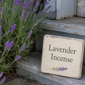 May include: A weathered, rectangular sign with the words "Lavender Incense" in dark green lettering, accompanied by a lavender sprig illustration. The sign rests on a rustic, light blue wooden surface, with vibrant purple lavender plants in the background.