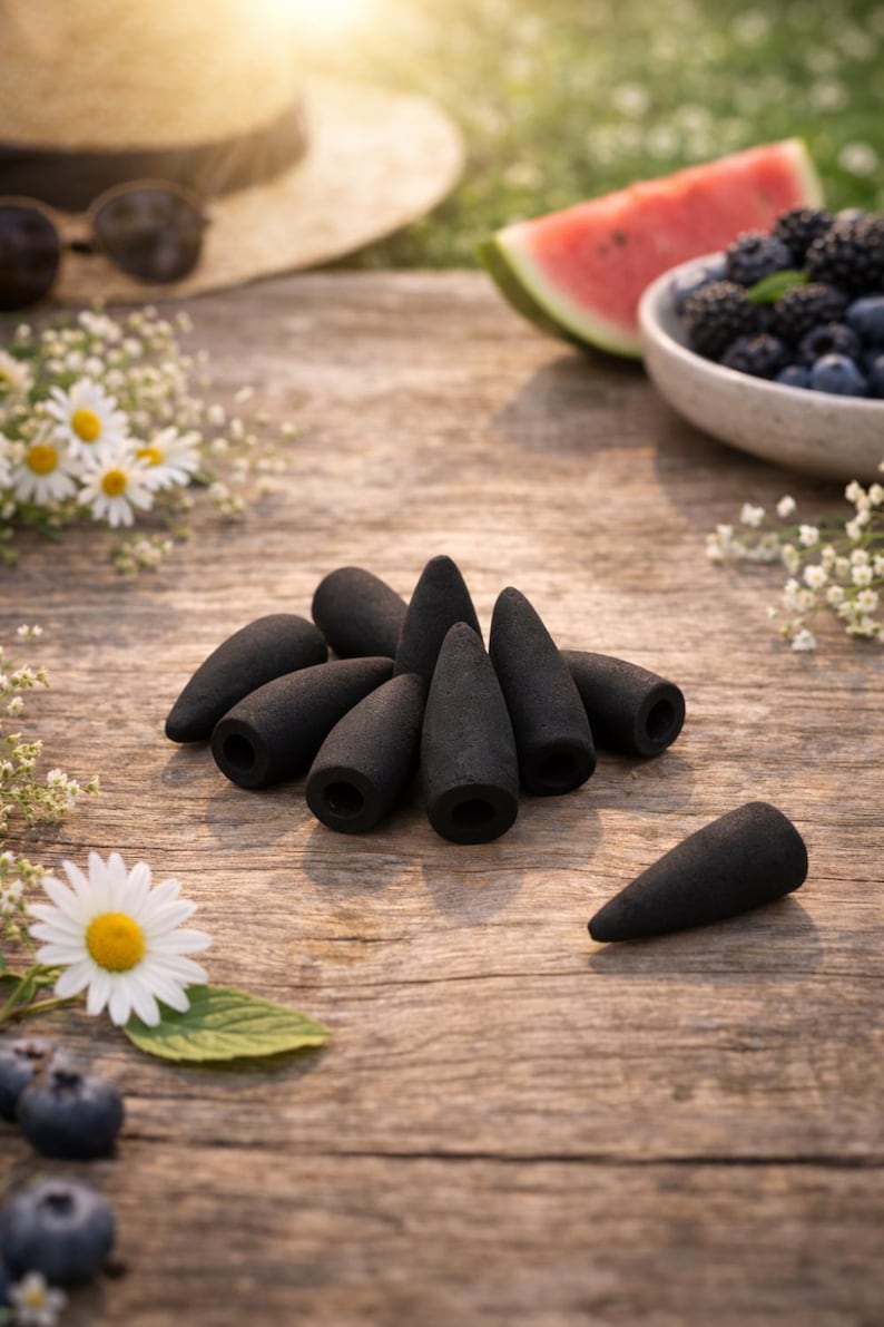 May include: A group of black incense cones on a weathered wooden surface. The cones are accompanied by daisies, blueberries, blackberries, and a slice of watermelon. A straw hat and sunglasses are in the background.