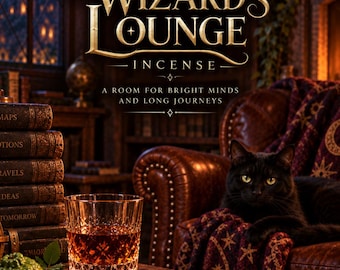 Może przedstawiać: Grafika promocyjna Emberlore Incense zatytułowana Wizard's Lounge, przedstawiająca czarnego kota na skórzanym fotelu, szklankę z bursztynowym płynem, stos książek, owoce cytrusowe i ziarna pieprzu na drewnianym stole z kompasem i długopisem.