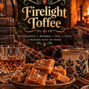 May include: A plate of square toffee pieces topped with sea salt crystals, accompanied by a glass of amber liquid, a patterned ceramic mug, and cinnamon sticks. The text reads Emberlore, Firelight Toffee, Butterscotch, Bourbon, Oak, Spice.