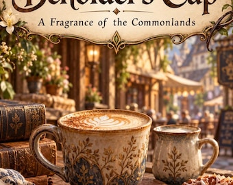 May include: A ceramic mug filled with latte art sits on a wooden table next to a smaller pitcher, a pastry, cinnamon sticks, and vanilla flowers. The text reads Emberlore Incense Beholder's Cup A Fragrance of the Commonlands.