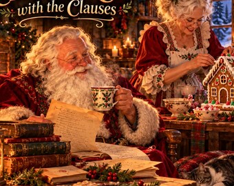 May include: A festive scene featuring Santa Claus holding a mug and reading a letter, while a woman decorates a gingerbread house. The text reads Emberlore Incense Stories Christmas Eve with the Clauses. A cat sleeps on a plaid chair nearby.