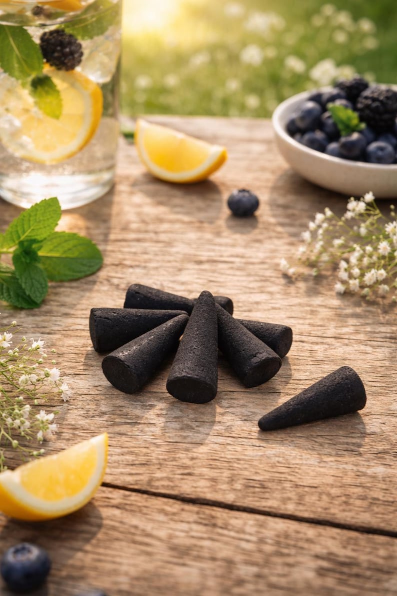 May include: Several black incense cones are displayed on a wooden table, with a glass of water containing lemon and mint, a bowl of blueberries, and lemon wedges. The setting is outdoors with natural light.