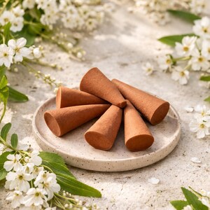 May include: A collection of six brown, cone-shaped objects arranged on a speckled, off-white plate. The objects are surrounded by white flowers and green leaves, creating a natural, elegant display. The objects appear to be made of a soft, textured material.