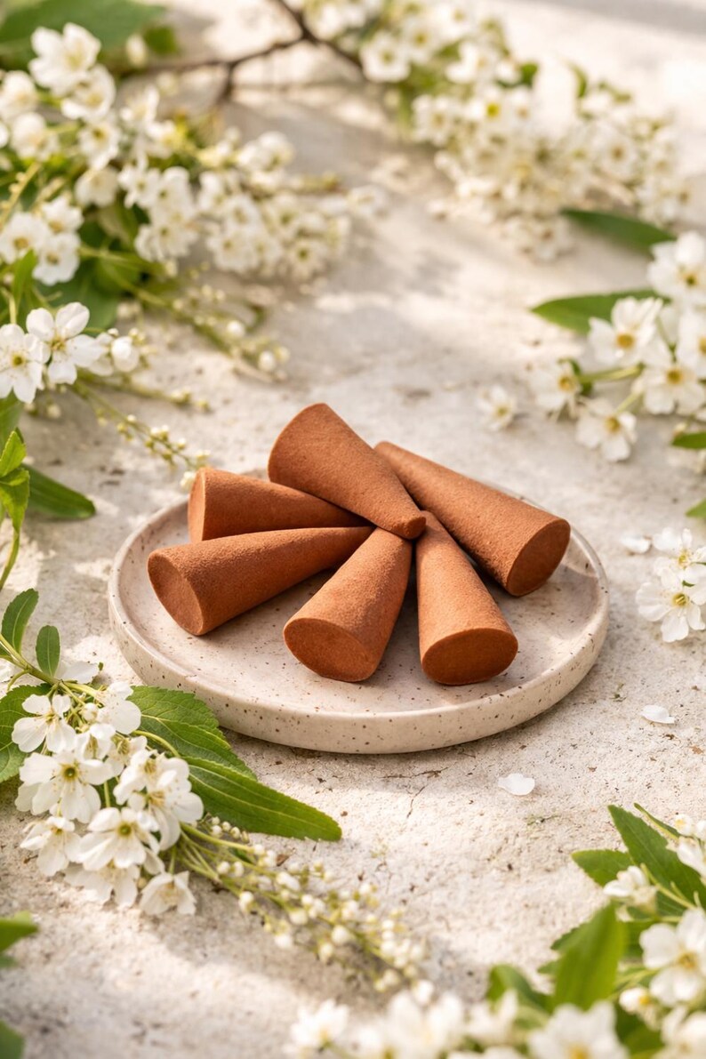 May include: A collection of six brown, cone-shaped objects arranged on a speckled, off-white plate. The objects are surrounded by white flowers and green leaves, creating a natural, elegant display. The objects appear to be made of a soft, textured material.
