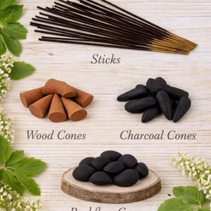 May include: An assortment of incense products, including sticks, wood cones, charcoal cones, and backflow cones. The image features a variety of shapes and colors, with the text "Sticks", "Wood Cones", "Charcoal Cones", and "Backflow Cones".