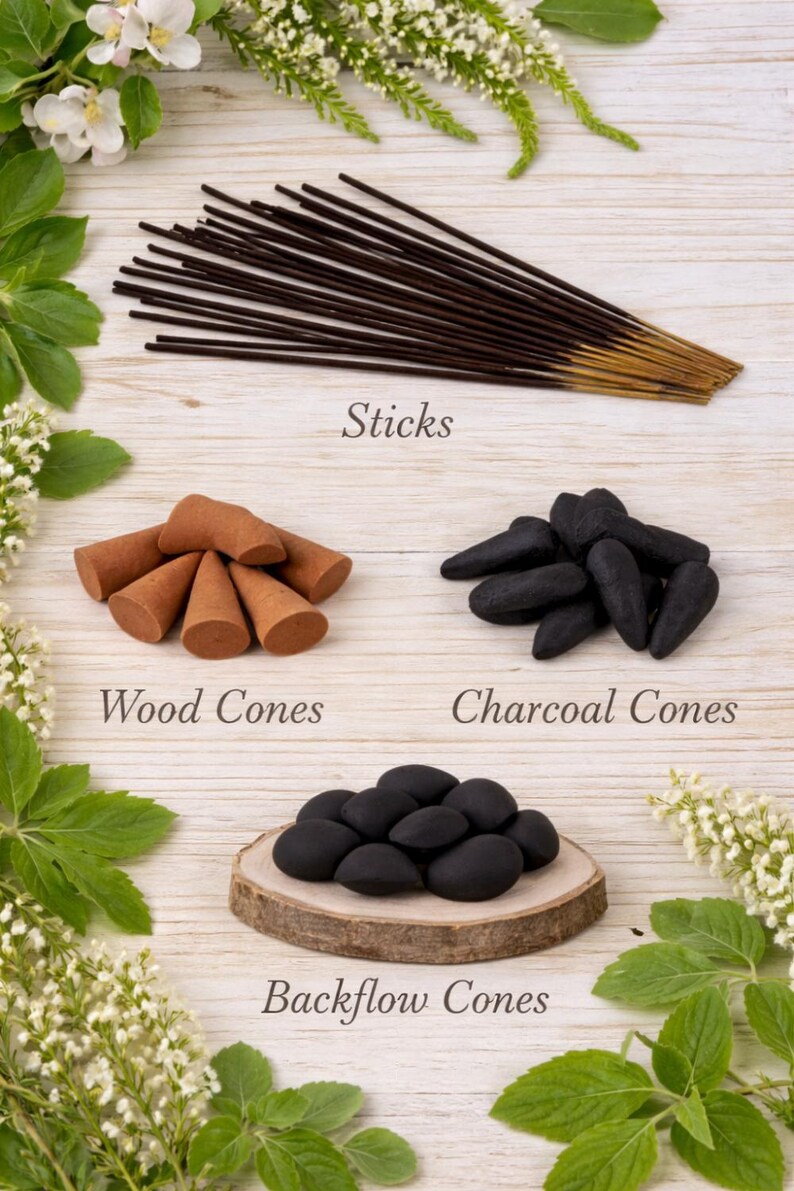 May include: An assortment of incense products, including sticks, wood cones, charcoal cones, and backflow cones. The image features a variety of shapes and colors, with the text "Sticks", "Wood Cones", "Charcoal Cones", and "Backflow Cones".