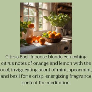 May include: A kitchen scene with oranges, basil, and white jugs on a countertop near a window. A wicker basket contains oranges. The text reads "Citrus Basil Incense blends refreshing citrus notes..."
