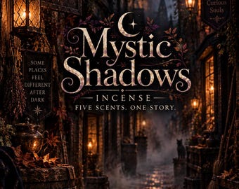 Może przedstawiać: Ciemna, nastrojowa scena z tekstem Emberlore Incense, Scents That Tell Stories, Witches Alley, Some Places Feel Different After Dark, Mystic Shadows, Curious Things for Curious Souls oraz Five Scents. One Story.