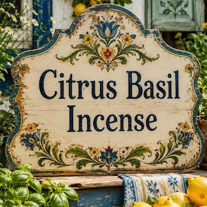 May include: A cream-coloured wooden sign, distressed with age, reads "Citrus Basil Incense" in navy blue. The sign is decorated with floral patterns in blue, yellow, and red. Lemons and basil plants are visible, suggesting a botanical theme.