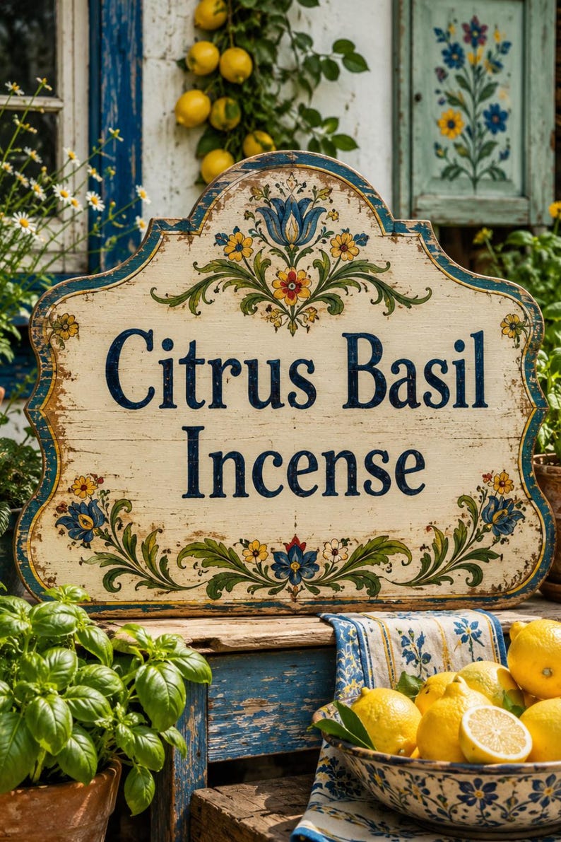 May include: A cream-coloured wooden sign, distressed with age, reads "Citrus Basil Incense" in navy blue. The sign is decorated with floral patterns in blue, yellow, and red. Lemons and basil plants are visible, suggesting a botanical theme.