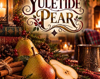 Może przedstawiać: Świąteczna kompozycja z tekstem Emberlore Scents That Tell Stories oraz Yuletide Pear. Scena zawiera całe i przekrojone gruszki, laski cynamonu, szyszki, czerwone jagody oraz gałązki iglaków na drewnianej powierzchni.