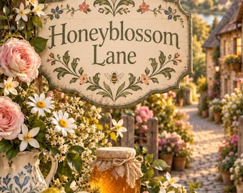 Może przedstawiać: Wiszący szyld z napisem Honeyblossom Lane, ozdobiony motywami kwiatowymi i pszczołą. Poniżej znajduje się szklany słoik z miodem, drewniana łyżka do miodu, dwie cytryny, ceramiczny dzbanek oraz biała ściereczka w serduszka na drewnianej powierzchni.