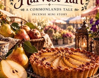 May include: A pear tart on a plate with fresh pears, a basket of fruit, and a lantern. The text reads Emberlore Incense Harvest Tart A Commonlands Tale Incense Mini Story. The scene includes scattered nuts, purple flowers, and wooden sticks.