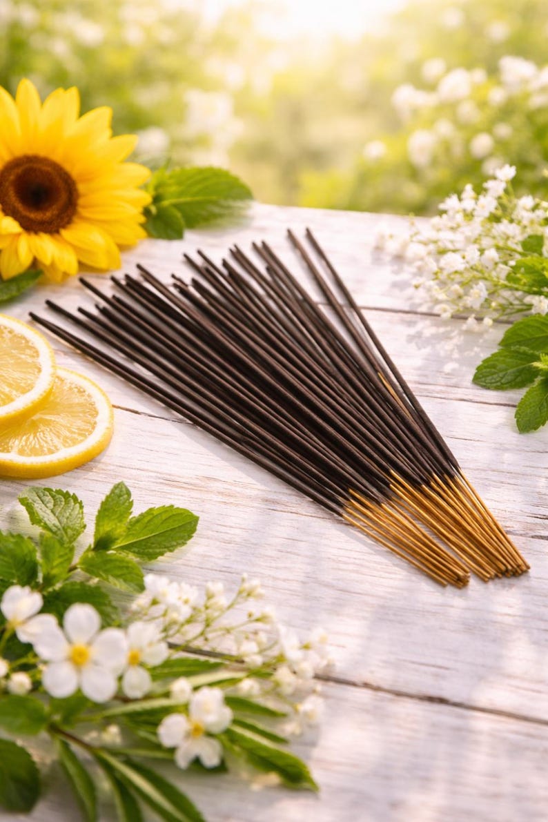 May include: A collection of dark brown incense sticks with gold tips, presented on a white wooden surface. The image features a yellow sunflower, lemon slices, and sprigs of white flowers and green leaves, suggesting a natural, aromatic product.