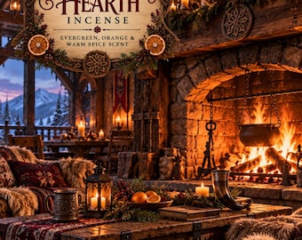 Może przedstawiać: Drewniany szyld z napisem Emberlore Northern Hearth Incense, Evergreen, Orange & Warm Spice Scent, ozdobiony gałązkami sosny i suszonymi plastrami pomarańczy, wiszący w rustykalnym pokoju z kamiennym kominkiem, futrzanymi narzutami i świecami.