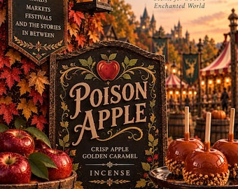Może przedstawiać: Tabliczka z napisem Poison Apple oraz tekstem Crisp Apple Golden Caramel Incense, w towarzystwie kosza czerwonych jabłek, jabłek w karmelu na patykach, lasek cynamonu i latarni, na tle jesiennych liści oraz widoku wioski w oddali.