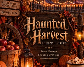 Może przedstawiać: Drewniany znak z napisem Haunted Harvest Incense Story oraz tekstem Some Harvests Should Never End. Kosz czerwonych jabłek, dynie, zapalona latarnia oraz kubek z etykietą Emberlore Incense z piankami marshmallow znajdują się w pobliżu.