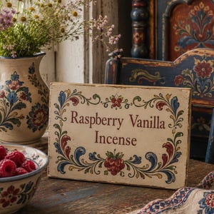 May include: A rustic wooden sign with the text "Raspberry Vanilla Incense" in burgundy script, framed by a floral border in red, blue, and green. The sign sits on a distressed wooden table, with a bowl of raspberries and a floral vase in the background.