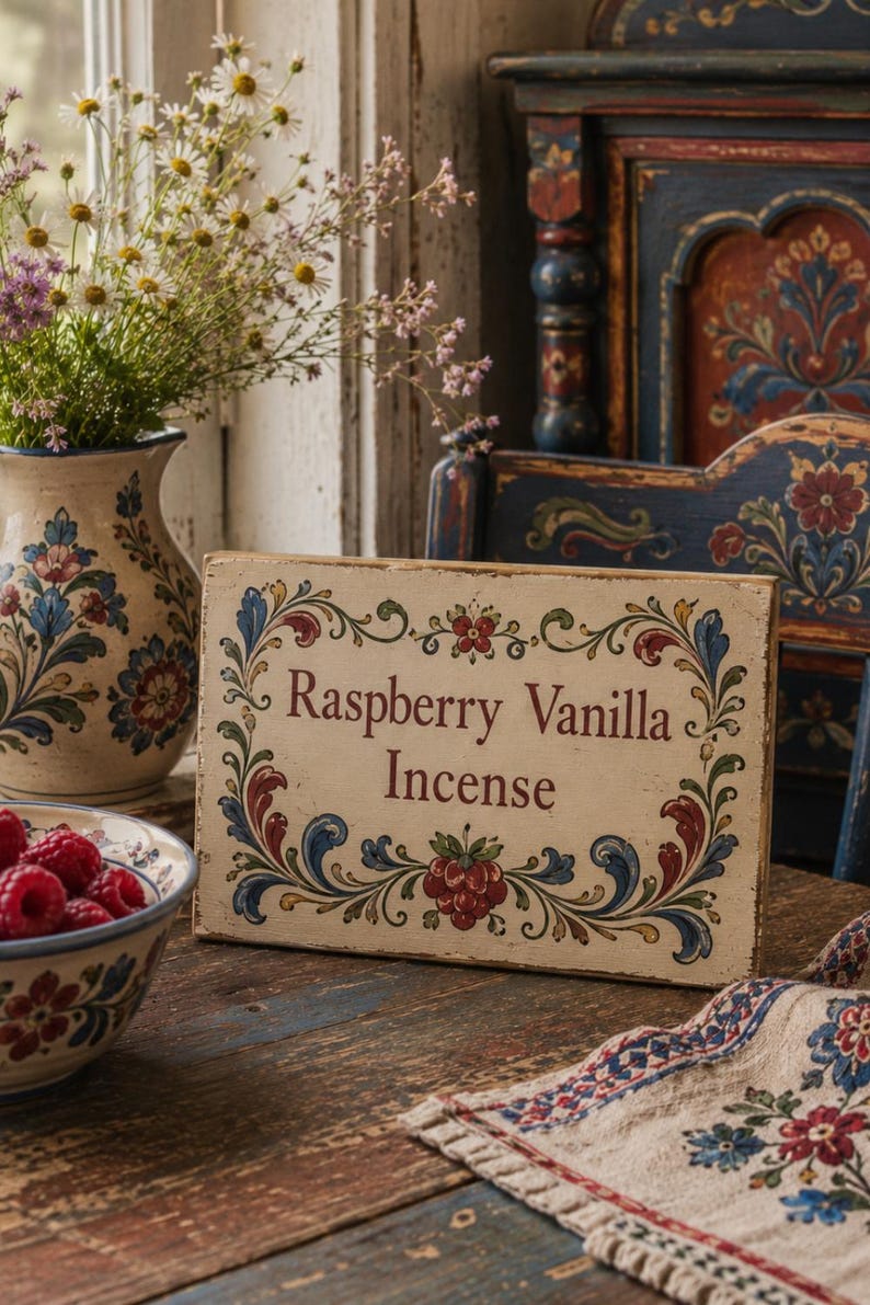 May include: A rustic wooden sign with the text "Raspberry Vanilla Incense" in burgundy script, framed by a floral border in red, blue, and green. The sign sits on a distressed wooden table, with a bowl of raspberries and a floral vase in the background.