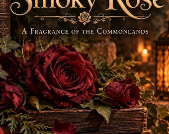 May include: A display featuring deep red roses resting on dark, weathered wooden planks. The text Smoky Rose A Fragrance of the Commonlands is centred at the top in gold lettering. Green ivy leaves and a red fabric drape are visible.