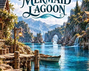 May include: A digital illustration titled Emberlore Mermaid Lagoon featuring a wooden dock, a small boat, and stone cottages nestled along a turquoise coastal inlet with rocky cliffs, a natural stone arch, and a waterfall in the background.