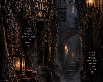 Może przedstawiać: Ciemna, nastrojowa uliczka z szyldem Witches Alley, Emberlore i Scents That Tell Stories. Tekst brzmi: Some streets are best discovered after dark. Resin. Spice. Woods. Curiosity. Always leads further. Widoczne są latarnie, miotła i kamienna architektura.
