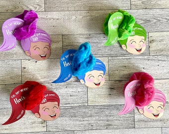 Etiquetas de boa sorte para scrunchies, 5 cores incluídas em etiquetas de laço de cabelo para competição de ginástica de dança de torcida, etiquetas de equipe para combinar com gravata de cabelo